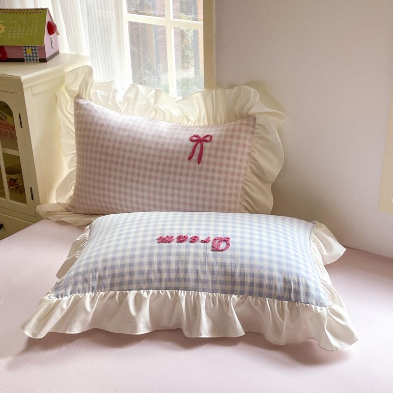 Korean Style Bedding Sets  Pink Grid Bow Quilt Cover Romantic Bed Sheet Sets Woman Girls Bedroom Duvet Cover 4pcs