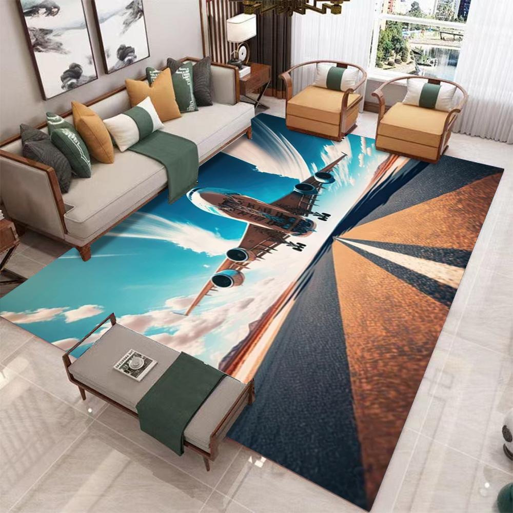 Large Airplane Take off Carpet Pink Purple Gradient Sky Clear Runway Details Living Room Area Rug Match Light Gray Home Decor