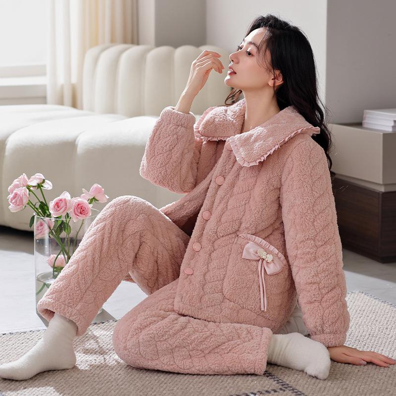 Coral Fleece Three-Layer Padded Pajamas Women'S Autumn And Winter Thickened Warm Padded Jacket Loungewear Set