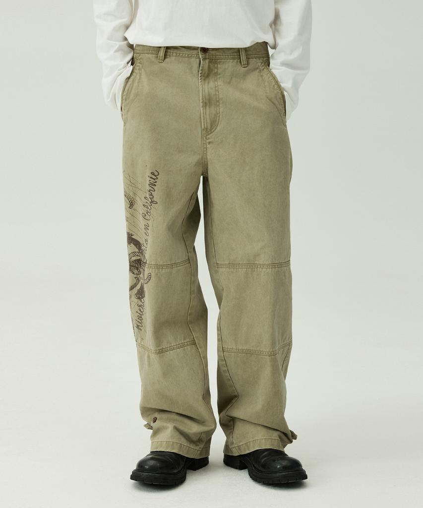 MAGOODGAN Farburn 4414 Washed Loop Print Wide Fit Beige Chino Pants