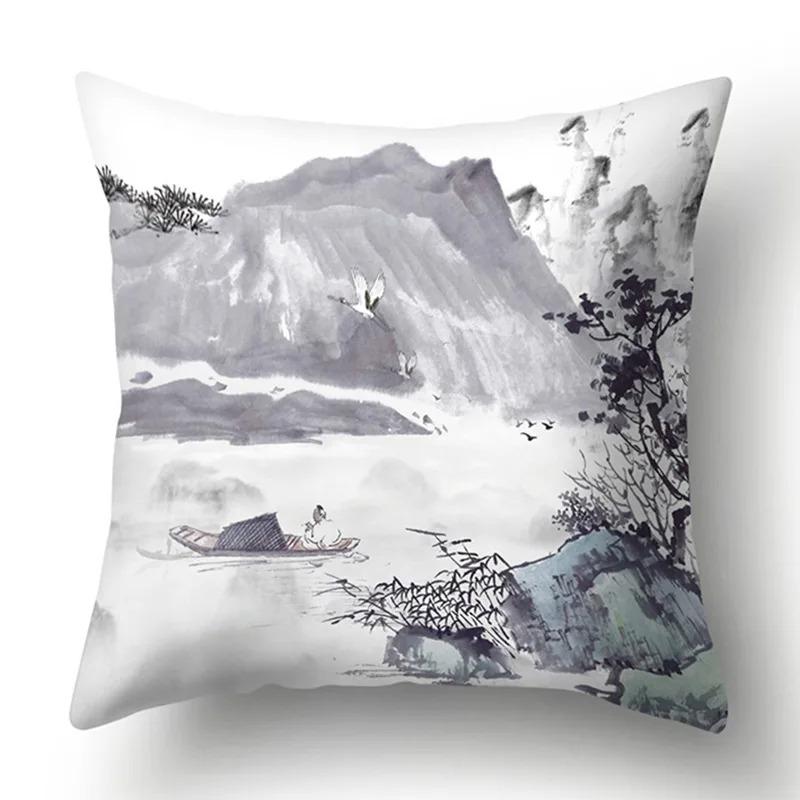 Ink Landscape Painting Pillowcase Bedroom Room Home Decoration Office Seat Living Room Sofa Cushion Cover 45x45cm