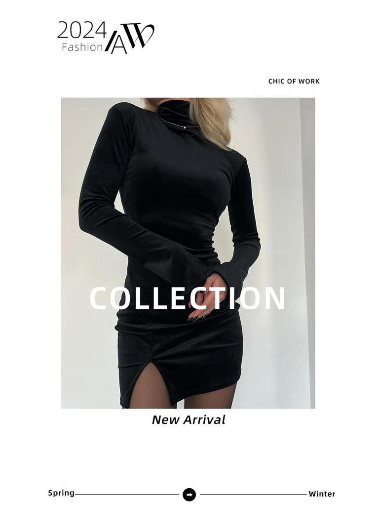 Elegancka Srebrna Welurowa Dopasowana Sukienka z Wysokim Dekoltem - Moda Jesień 2024