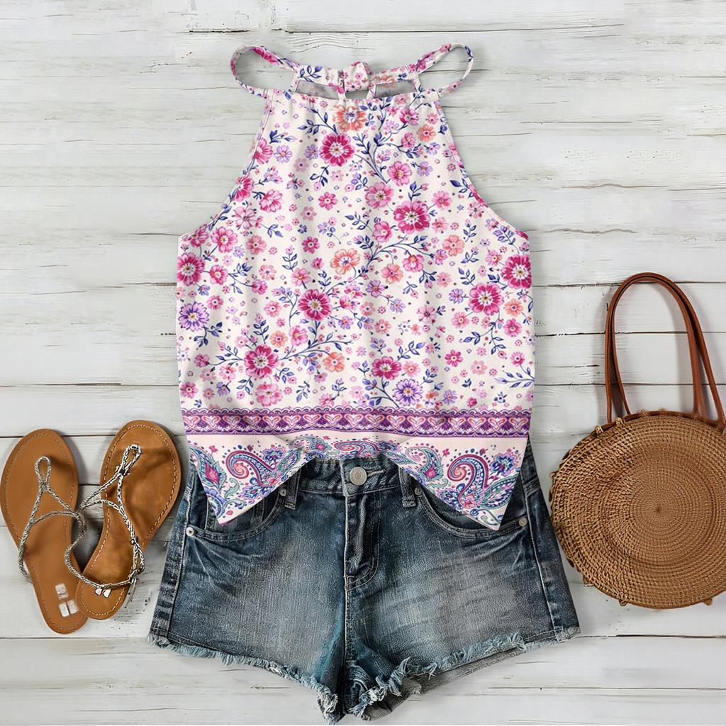 Women Sleeveless Bohemian Tank Top Geometric Print Casual Summer Beachwear Lightweight Blouse with Adjustable Straps and Back Button Closure