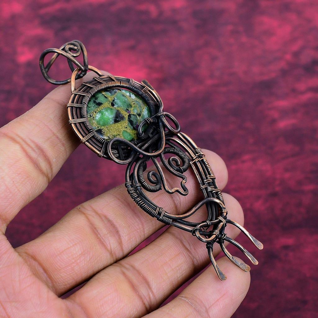 Copper Ruby Zoisite Gemstone Pendant Handmade Copper Wire Wrapped Unique Jewelry