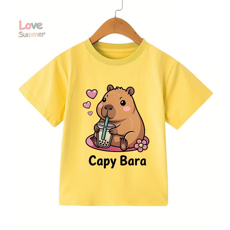 2026 Summer 4-14 Yrs Girls Casual Short-Sleeve T-Shirt Cute Capybara Design Comfortable Fabric for Everyday Outdoor Activities