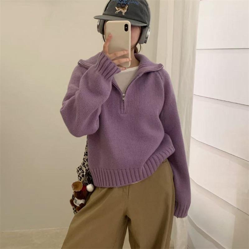 Lapel Half-zipper Short Pullover Sweater Women's Autumn and Winter New Thick Shoulder-plugged Long-sleeved Solid-color Casual Knitted Top