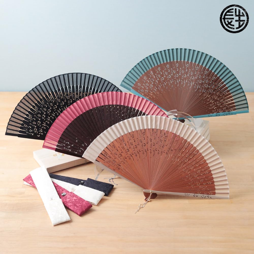 Stylish Business Fan Set with Fan Case and Handkerchief Rose [Osaka Choseido] Women's - (Navy)