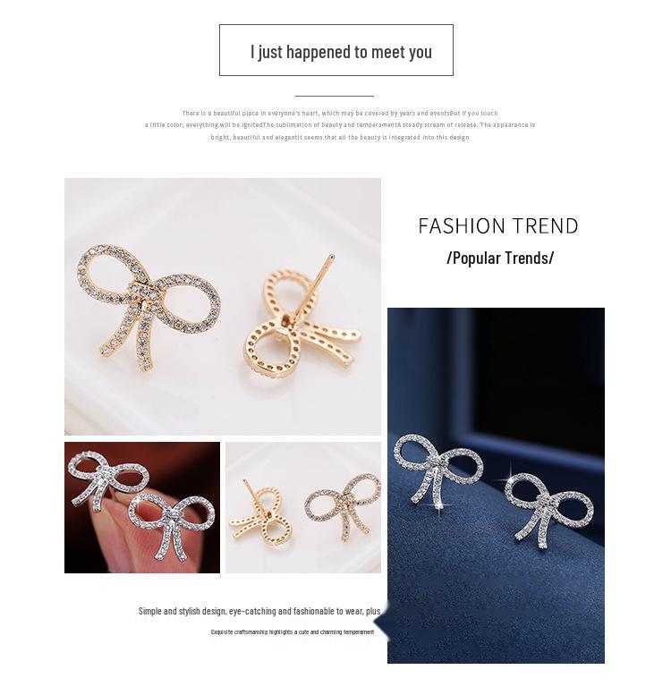 Elegant Bow Micro-inlaid Diamond Stud Earrings - Pure Copper, Creative Fashion Style
