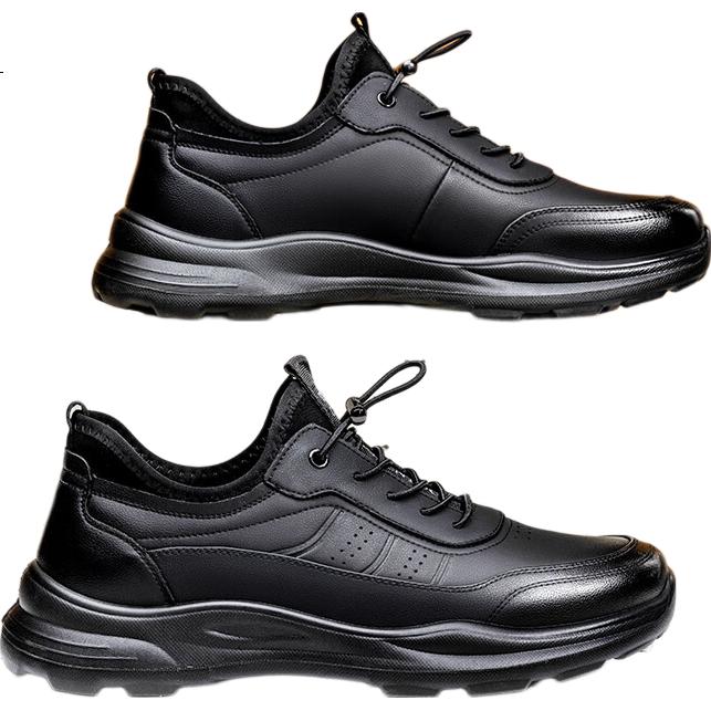 LAORENTOU Men's Sports Thick-Soled Walking Shoes Spring Autumn Outdoor Business Fashion Casual Leather Shoes LA15637 Black Size 42