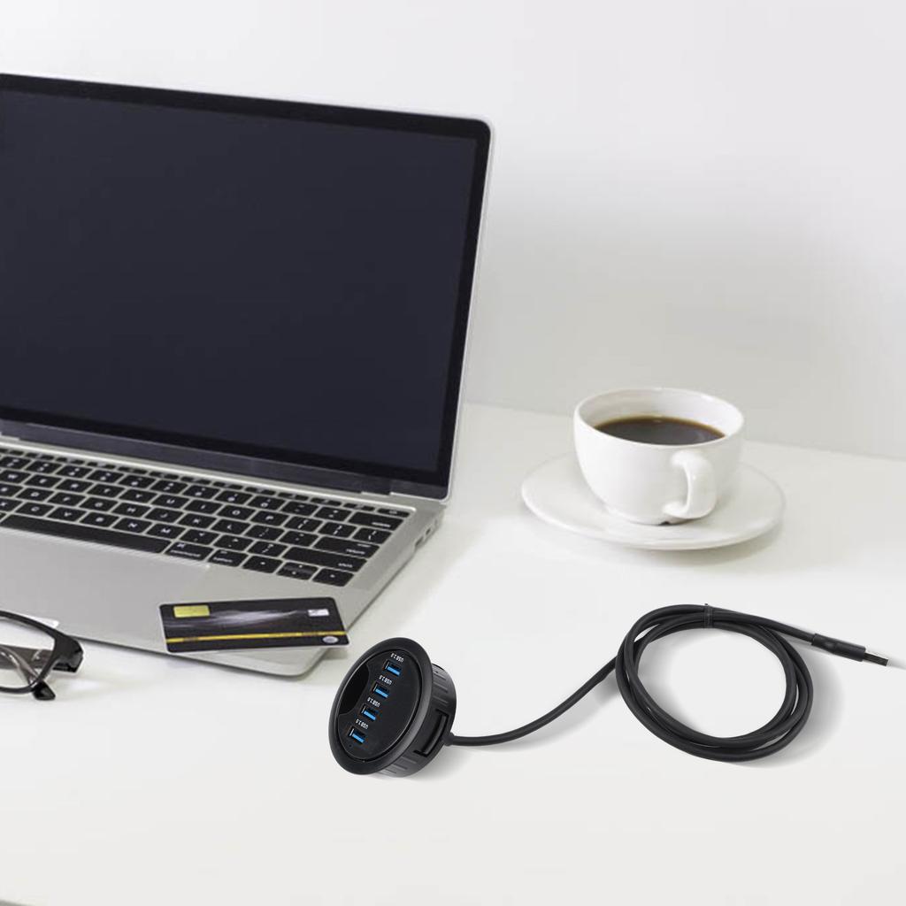 Desk Grommet Hub with 4 USB 3 0 Ports for High Speed 5Gbps Data Transfer and Cable Management on Desktops and Office Workspaces