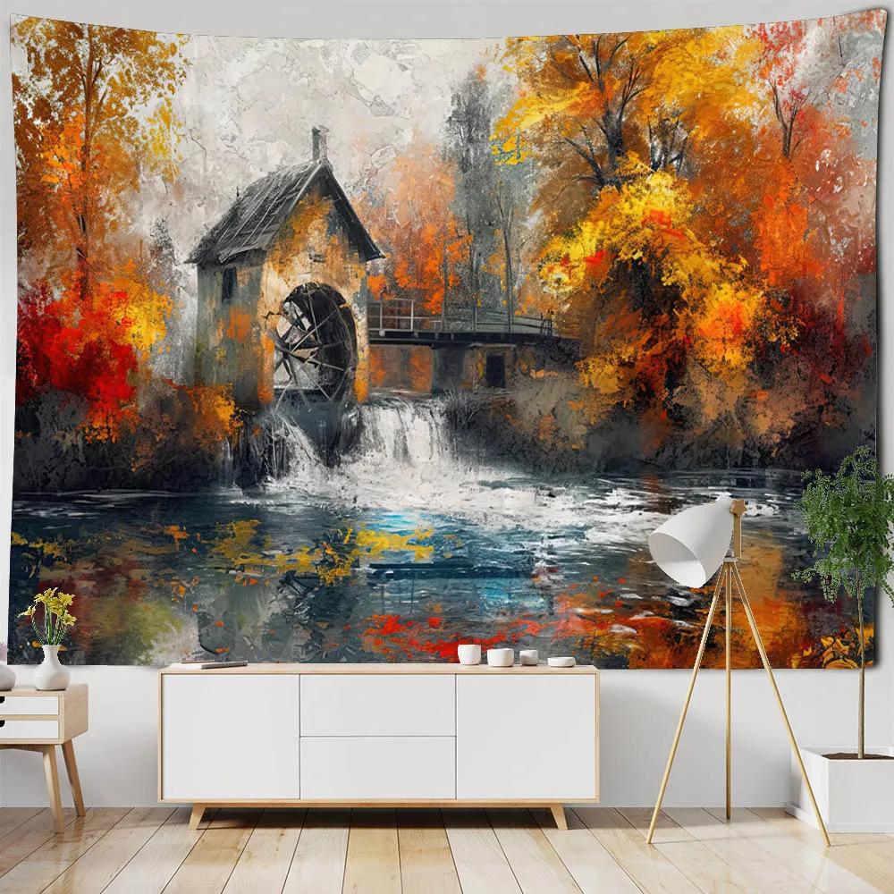 Forest Landscape Oil Painting Tapestry Aesthetic Flower Wall Hanging for Hippie Living Room Bedroom Bohemian Wall Art Decoration