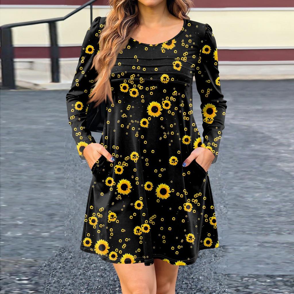 Damklänning med lång ärm Höst Casual T-shirt Lös passform Plisserad framsida Klänningar med fickor