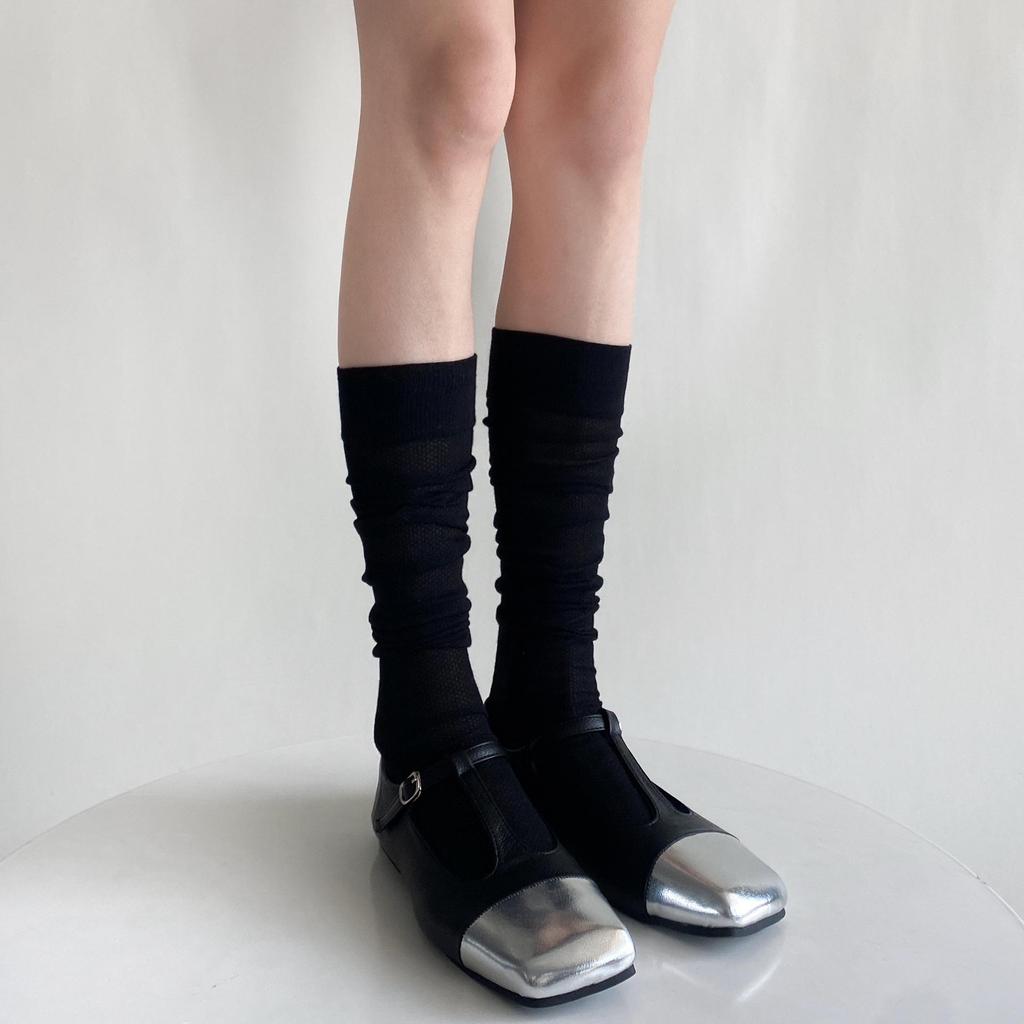 Ruffled Sheer Calf Socks with Heel Ribbons and Bows, Ballet Style, Korean Version.