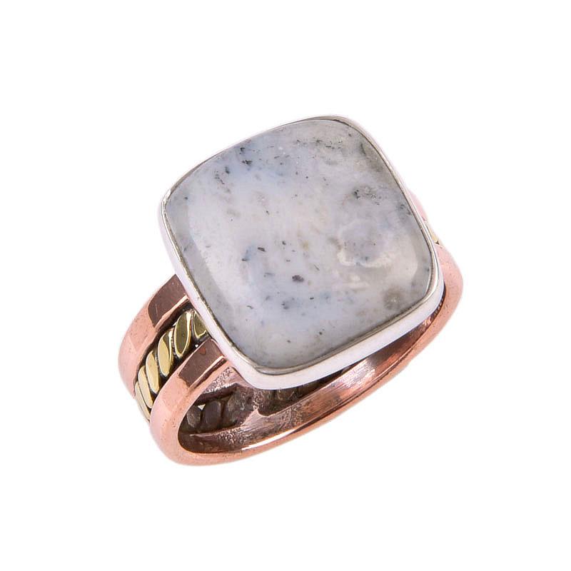 Natural Dendrite Opal Gemstone 925 Solid Sterling Silver Two Tone Ring S.7 f1p18