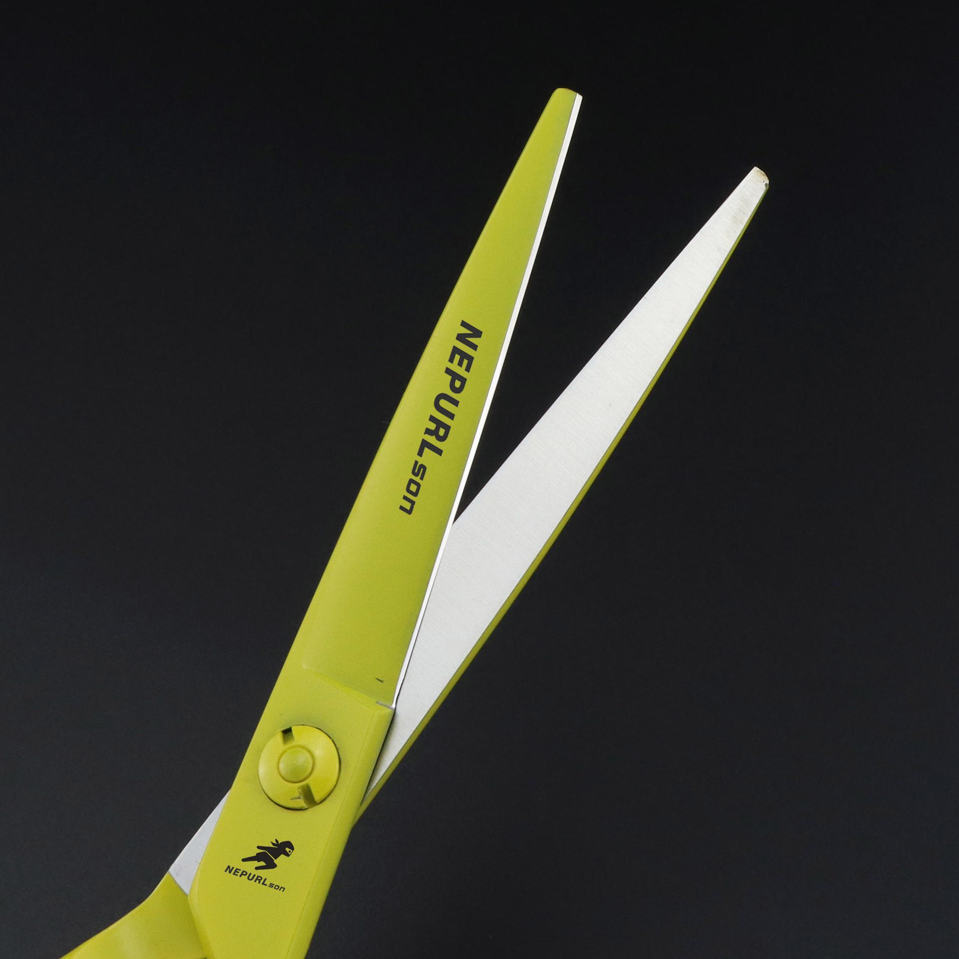 Yellow Napsun Hairdressing Scissors: Straight, Serrated, and Seamless Antler & Fish Bone Teeth Shears for Barbering and Styling.
