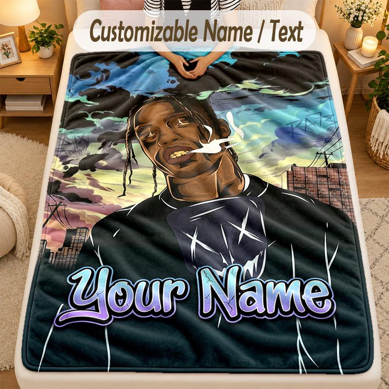 FlaneldeckeTravis Scott Benutzerdefinierter Name Text Personalisierte Weiche Warme Überwurfdecke Heimdekoration Geschenk