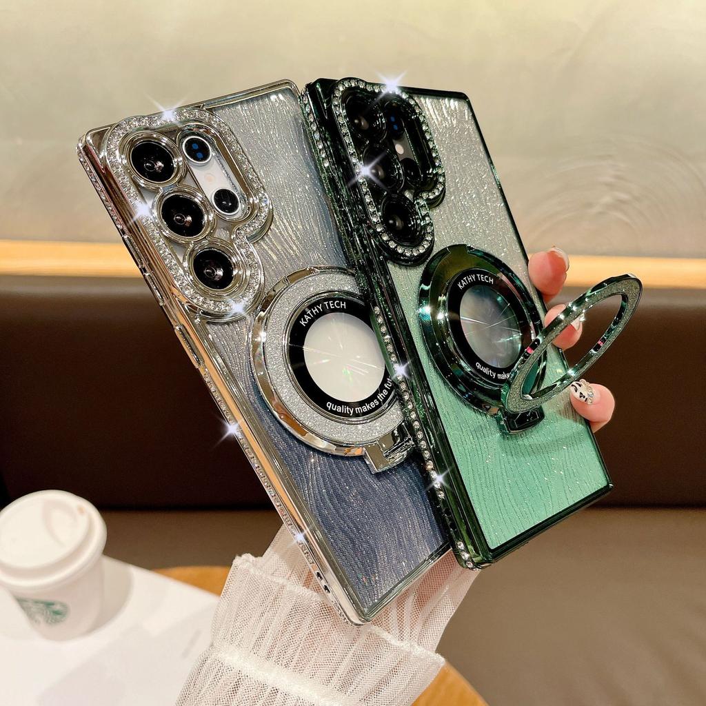 Rhinestone Gradient Shimmer Powder Water Ripples Suitable for Samsung S25 Ultra Mobile Phone Case Magnetic Suction Bracket S24P Electroplating A06