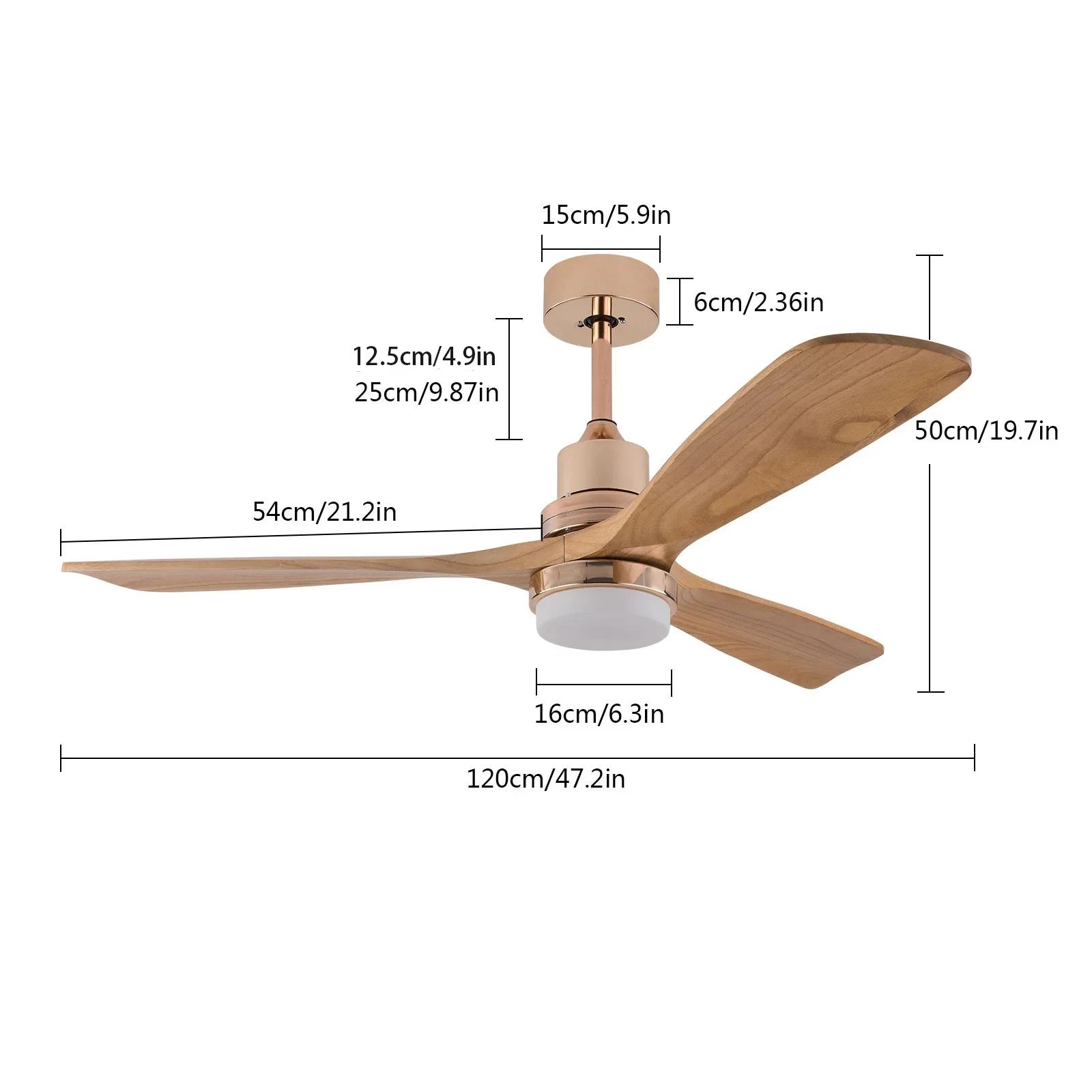 

48-inch Modern Ceiling Fan with Light and Remote Control - Dimmable, AC110-120V, Six-Speed, Solid Wood Blades, Gold