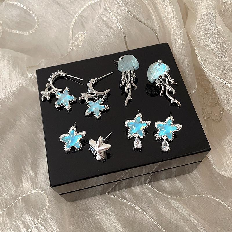 Fresh Blue Star Jellyfish Earrings - Unique, Fashionable, Elegant, Versatile Studs for Women
