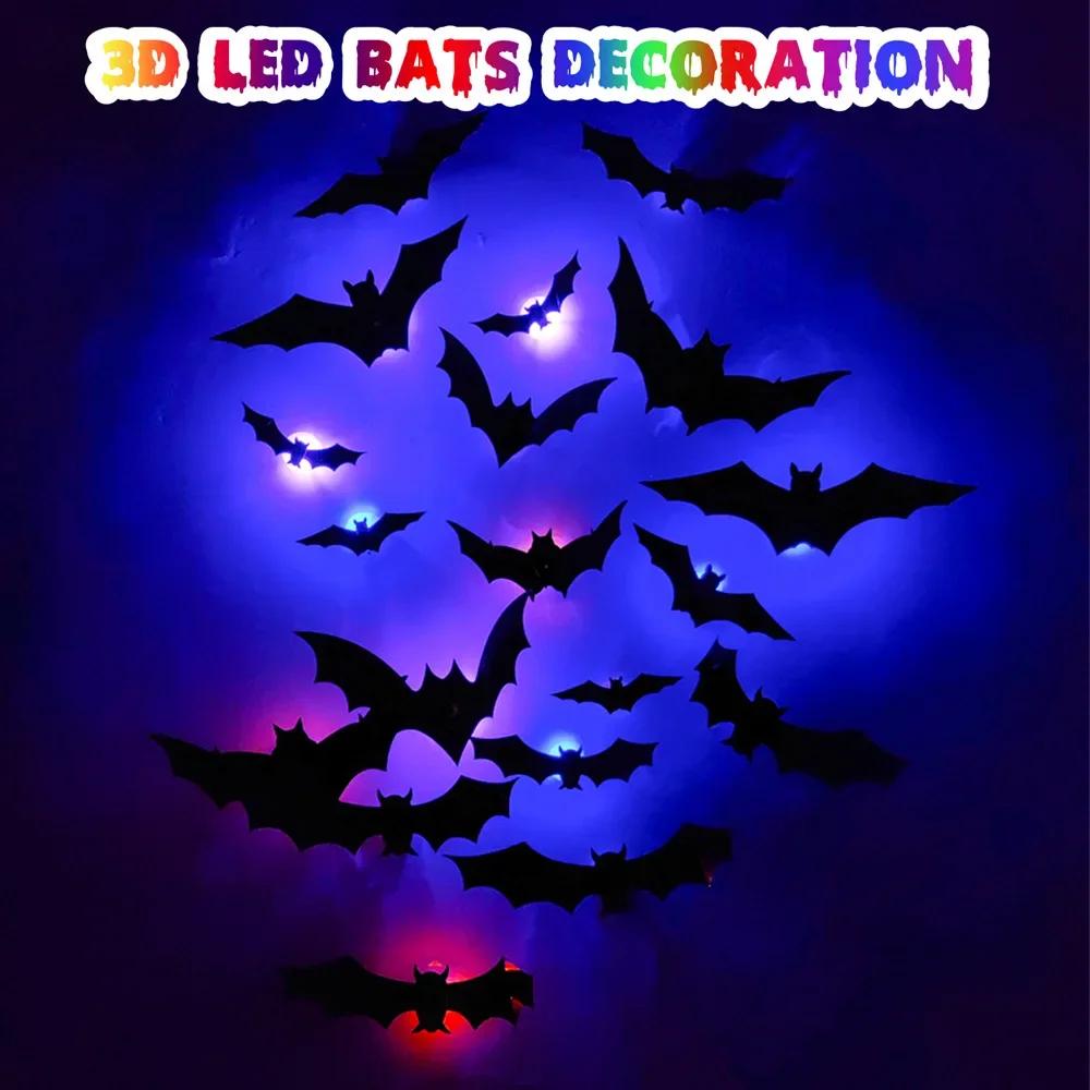 10-72 Stück LED Fledermäuse Spinnen Deko - Im Dunkeln leuchtende 3D Wandsticker mit lila Lichtern für Indoor/Outdoor Halloween Party Schrecken