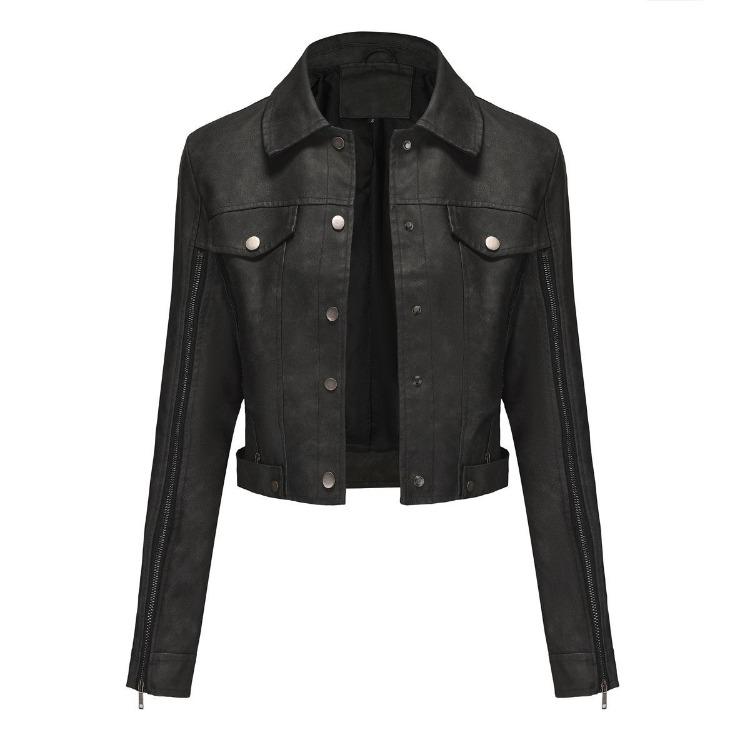 Women Leather Jacket Slim Fit Pu Zipper Outerwear Long Sleeve Lapel Collar for Fall Winter