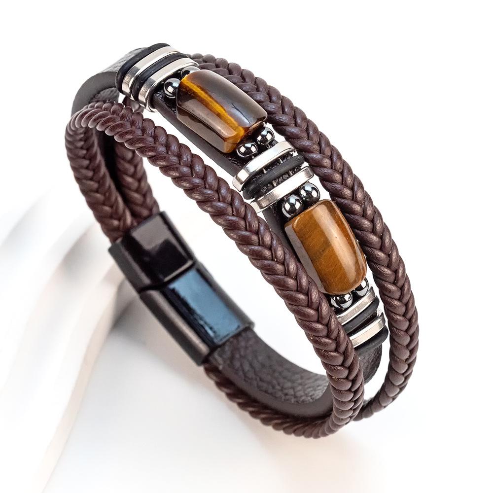 Magnetic Buckle Tiger Eye Leather & Stainless Steel Multi-layer Bracelet