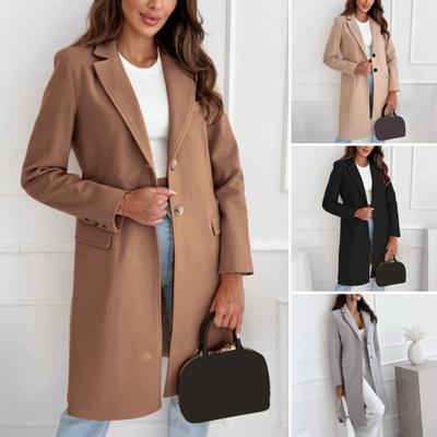 Manteau d'hiver en laine pour femme avec fermeture à boutons, épais, mi-long, couleur unie, col rabattu, veste chaude, formelle, pour les affaires, les déplacements quotidiens