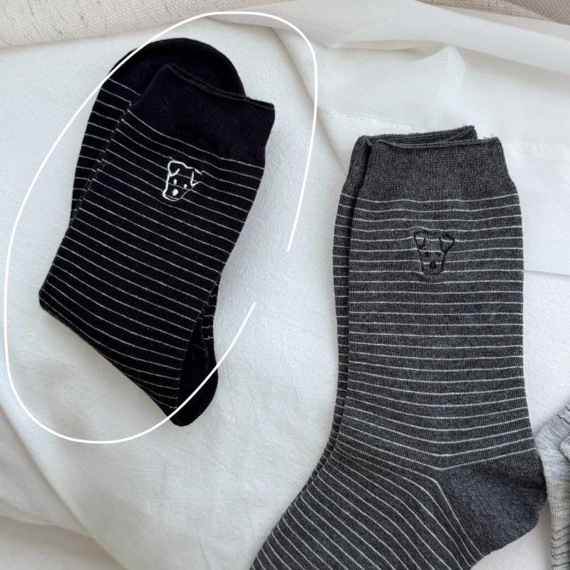 Little Dog Embroidered Striped Socks for Women, All-season School Style Versatile Mid-calf Socks