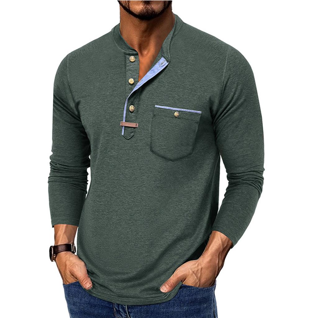 Men's Spring And Solid Color T-shirt Lapel 3 Button Open Placket Button Long Sleeved Top