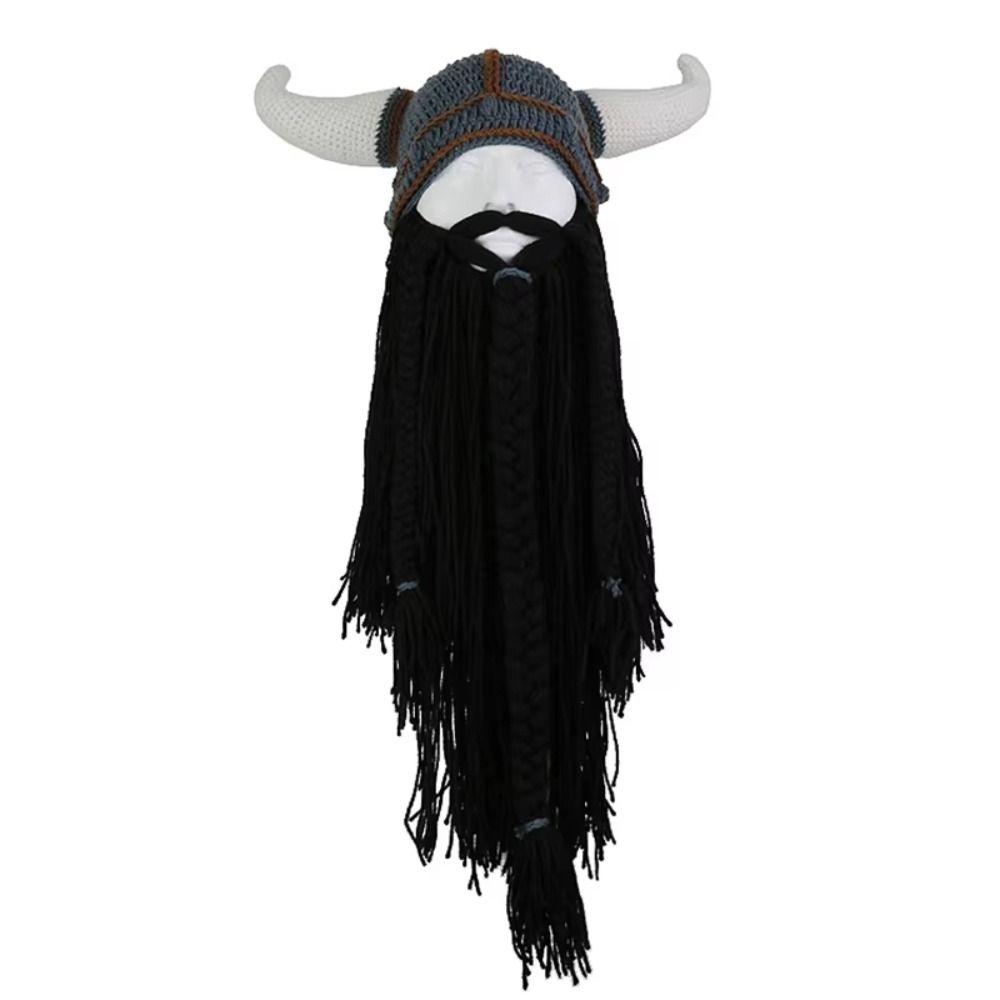 Hand Weave Bearded Funny Caps Funny Tricky Big Beard Mask Hat Viking Horn Hat Costume Accessory