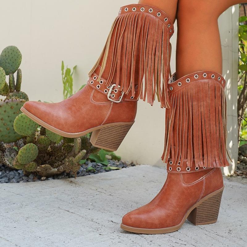 Fashion Autumn New Tassel Women's Boots European and American Retro Round Toe Block Heel Mid-leg Boots Western Boots Slip-on