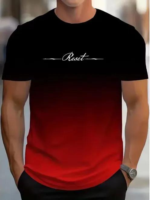 Men's Gradient Ombre T-Shirt with Cursive Print, Slim-Fit Short Sleeve Tee for Casual Streetwear, Multi-Color