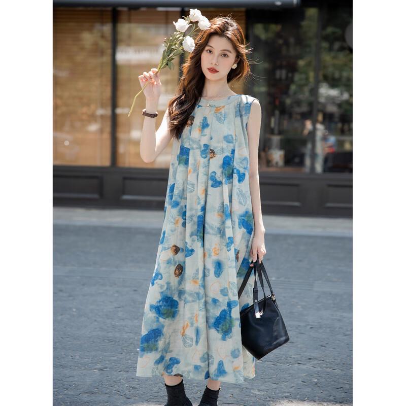 MOKANA Fashion Elegant Printed Sleeveless Mid-Length Ink Wash Dress