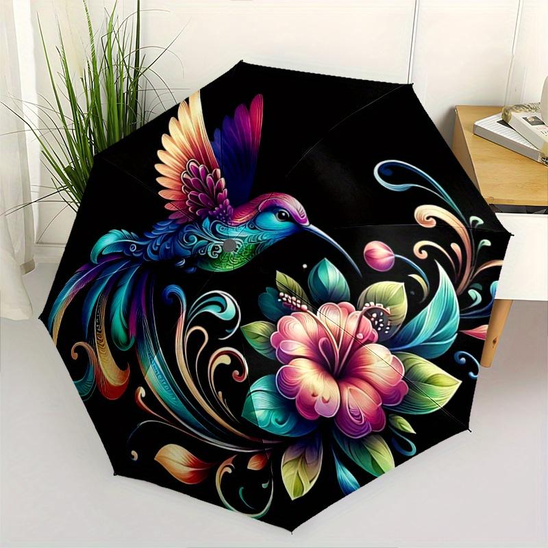 1pc Colorful Hummingbird with Floral Fantasy Pattern Beautiful Looking Automatic Folding Umbrella, 3 Folding, 8 Iron Frame Design, Durable and Su