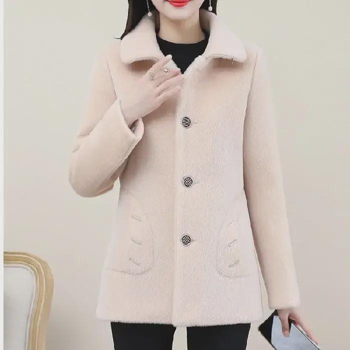 

Жіноче зимове потовщене пальто з овечої вовни, великого розміру, корейське приталене хутряне флісове 3XL брудно-білий