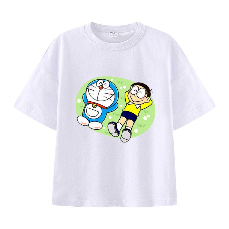 Pure Cotton Childrens Shortsleeved Tshirt for Summer Boys and Girls Halfsleeved Childrens Clothing with Doraemon Pattern