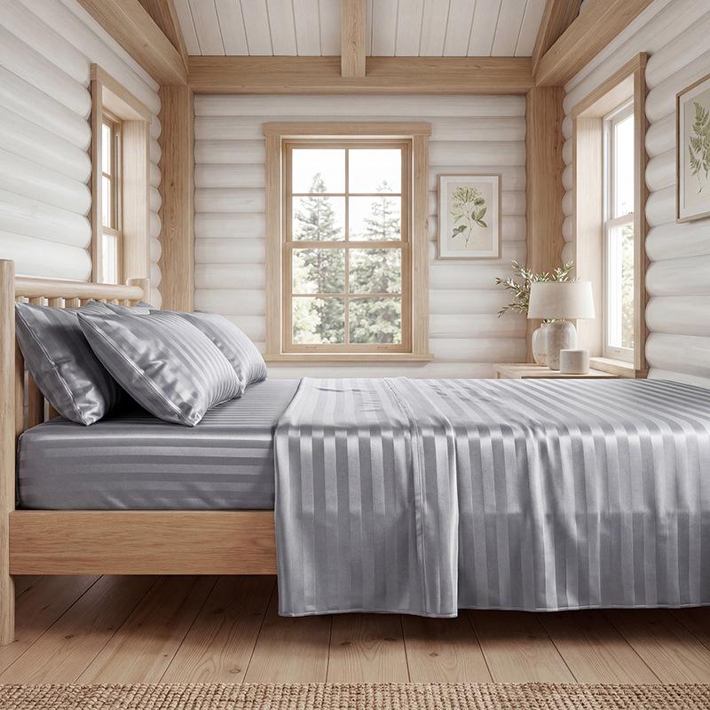Cross-Border Satin Stripe Bed Sheet & Pillowcase Set for Oversized Double Bed