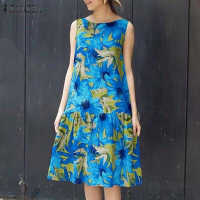 Women Floral Print Summer Casual O-neck Sleeveless Dress