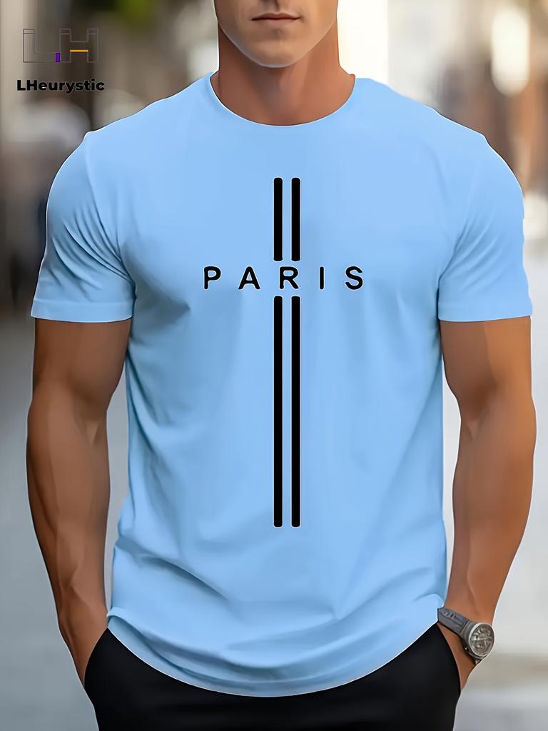 Men's 100% cotton summer loose size PARIS letter Graphic printed slim fit casual sports round neck short sleeved T-shirt top