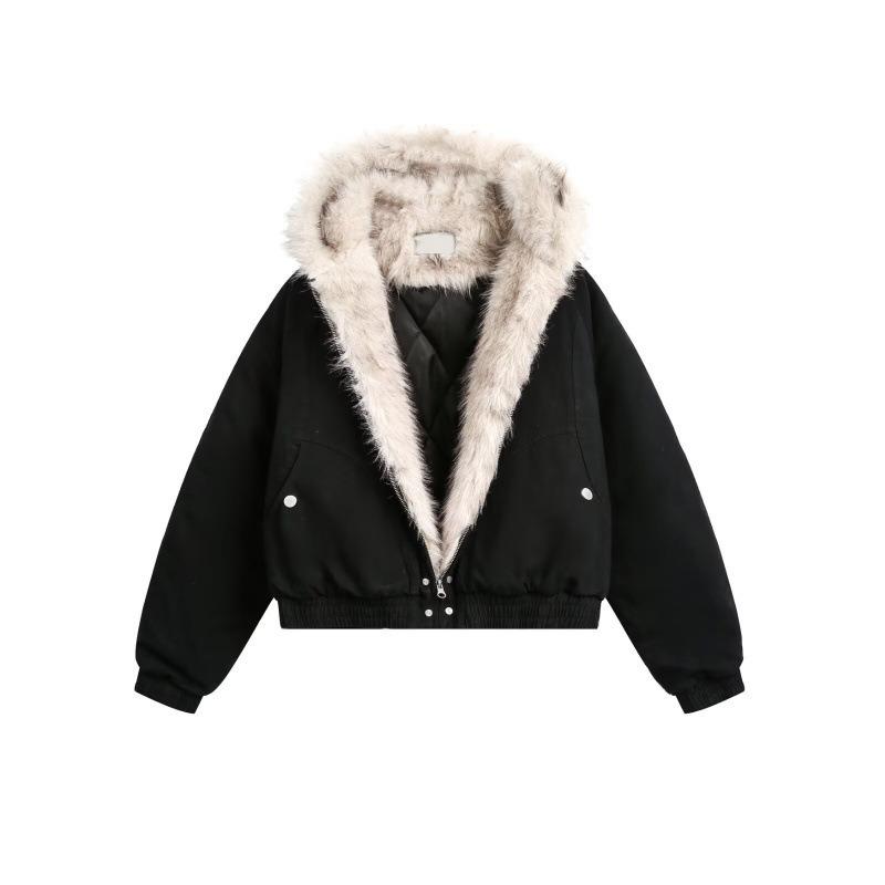 

Женская куртка с капюшоном в американском ретро-стиле с меховым воротником Y2K Уличная одежда Зимняя бархатная утепленная теплая куртка Харадзюку Свободная повседневная куртка XS чёрный