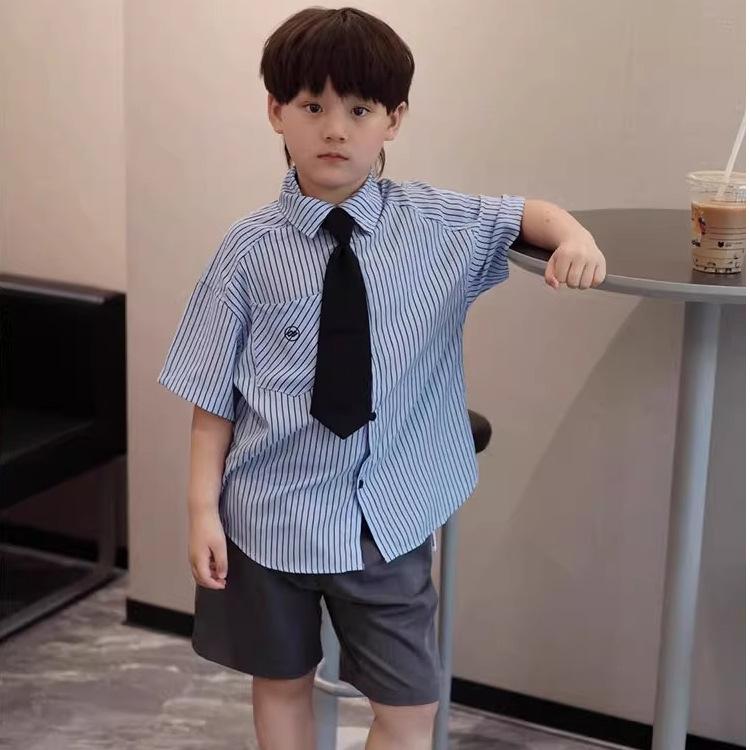 Boys Summer Striped Short Sleeve Shirt Preppy Casual Dress Shirt