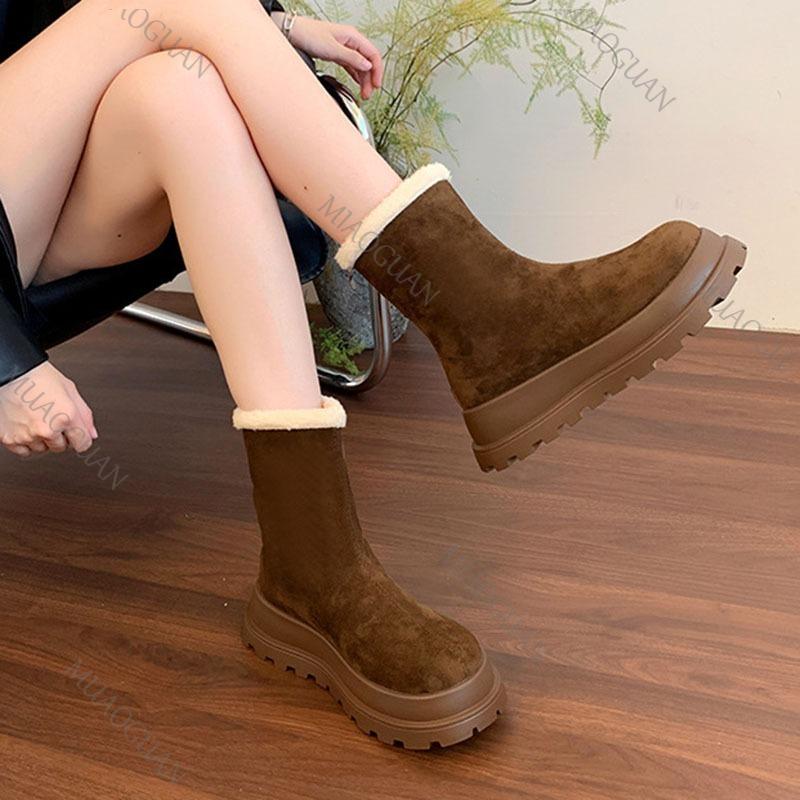 Fashion Retro Thick Bottom Snow Boots Female 2025 Winter New Round Head Chunky Heeled Short Ankle Boot Suede Solid Cotton Shes for Women