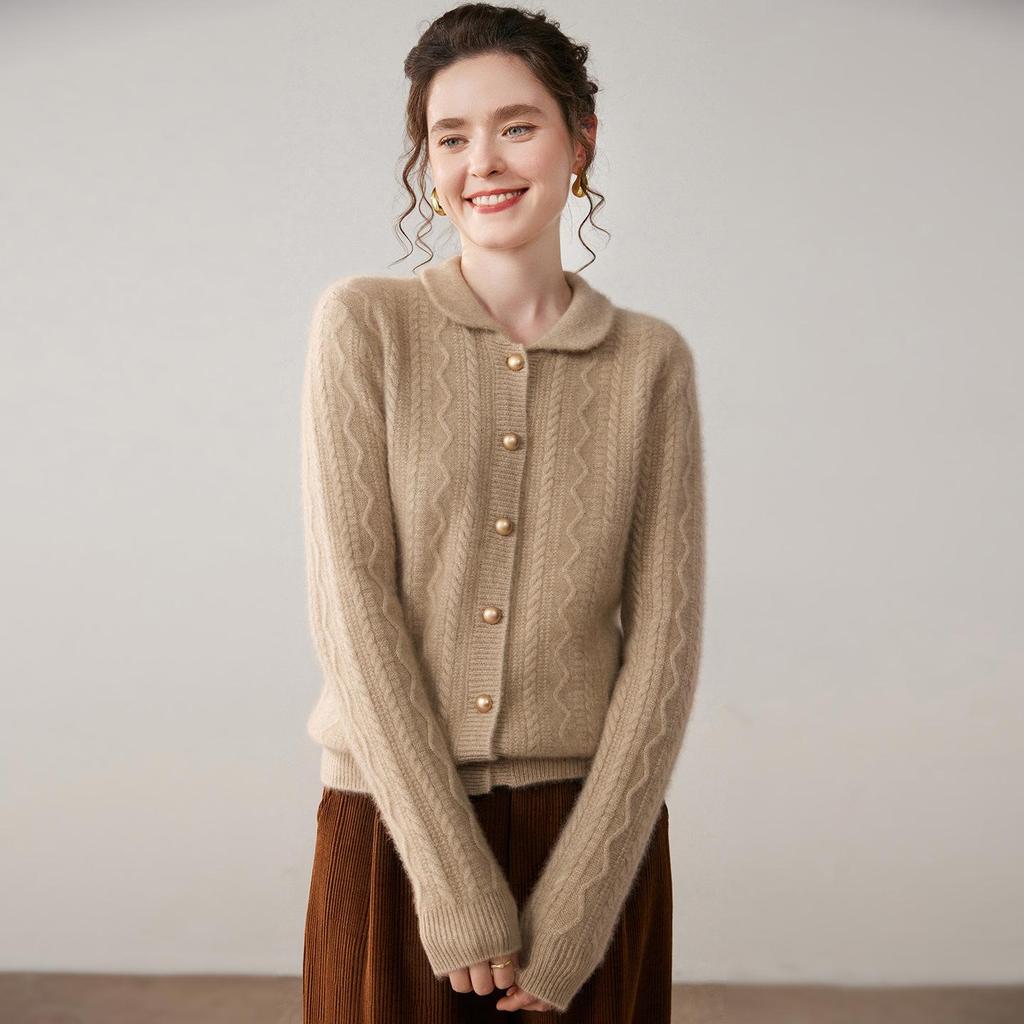 Korean Style Loose Cashmere Cable Knit Polo Collar Cardigan for Women
