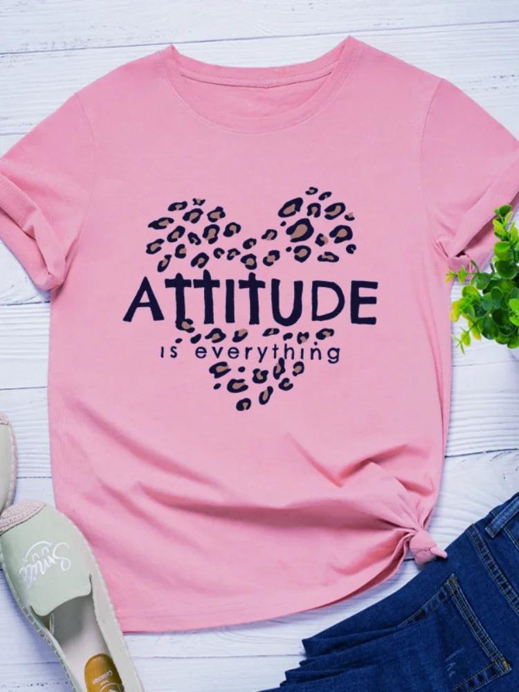 Attitude Is Everything Leopard Heart Print Women T Shirt Short Sleeve O Neck Loose Tshirt Ladies Tee Shirt Tops Camisetas Mujer