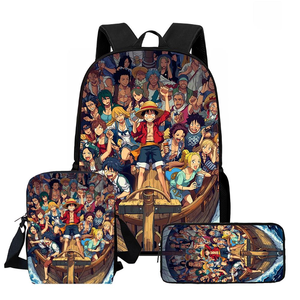 One Piece 15 Inch 3-In-1 Anime Lightweight School Backpack Set With Crossbody Bag Pencil Case For Boys Girls Grade 1-3 Mochila