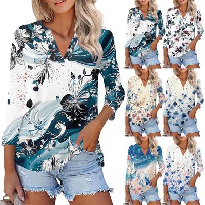 Women's Fashion Casual Lapel 3/4 Sleeve Printed Shirt Women's V Neck  Up Tops