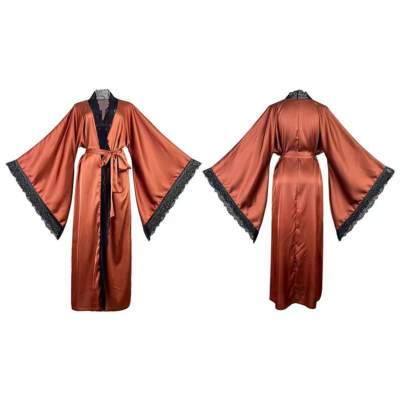 Elegant Black Lace-Trim Plus Size Robe with Belt – European & American Style Nightgown