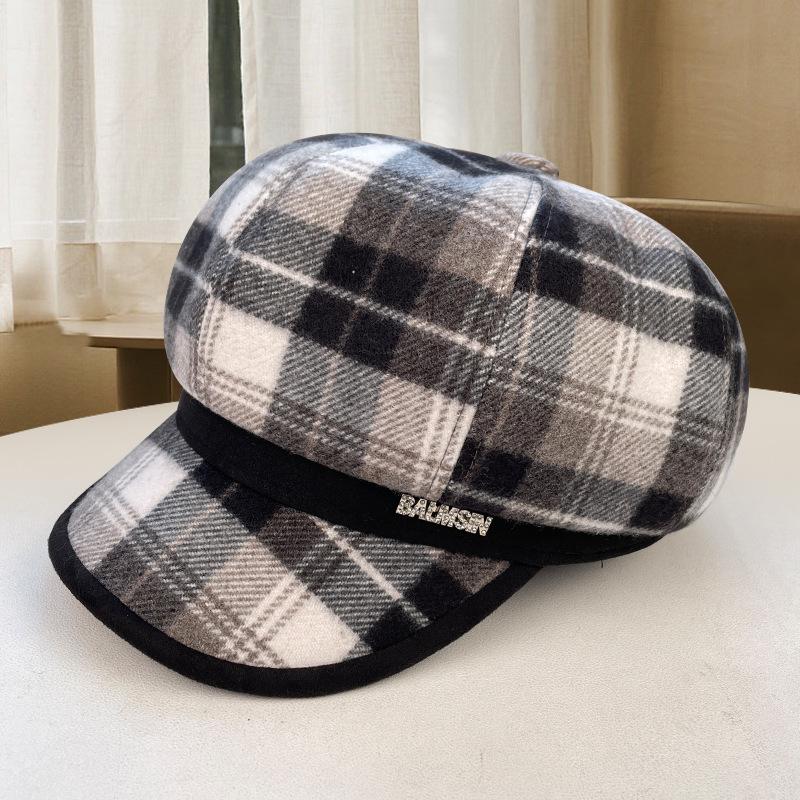 Plaid Octagonal Hat for Women Retro All Match Literary Painter Hat Autumn Face Small Newsboy Hat Big Head Beret