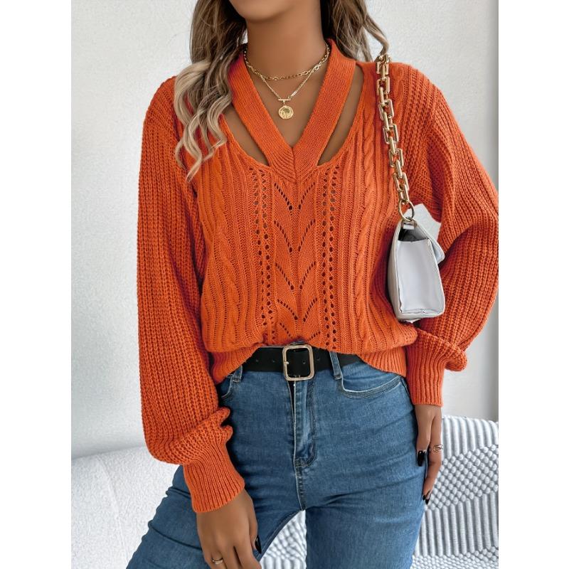 Einfarbiger V-Ausschnitt mit Lochmuster Langarm-Pullover für Herbst und Winter Freizeiturlaub.