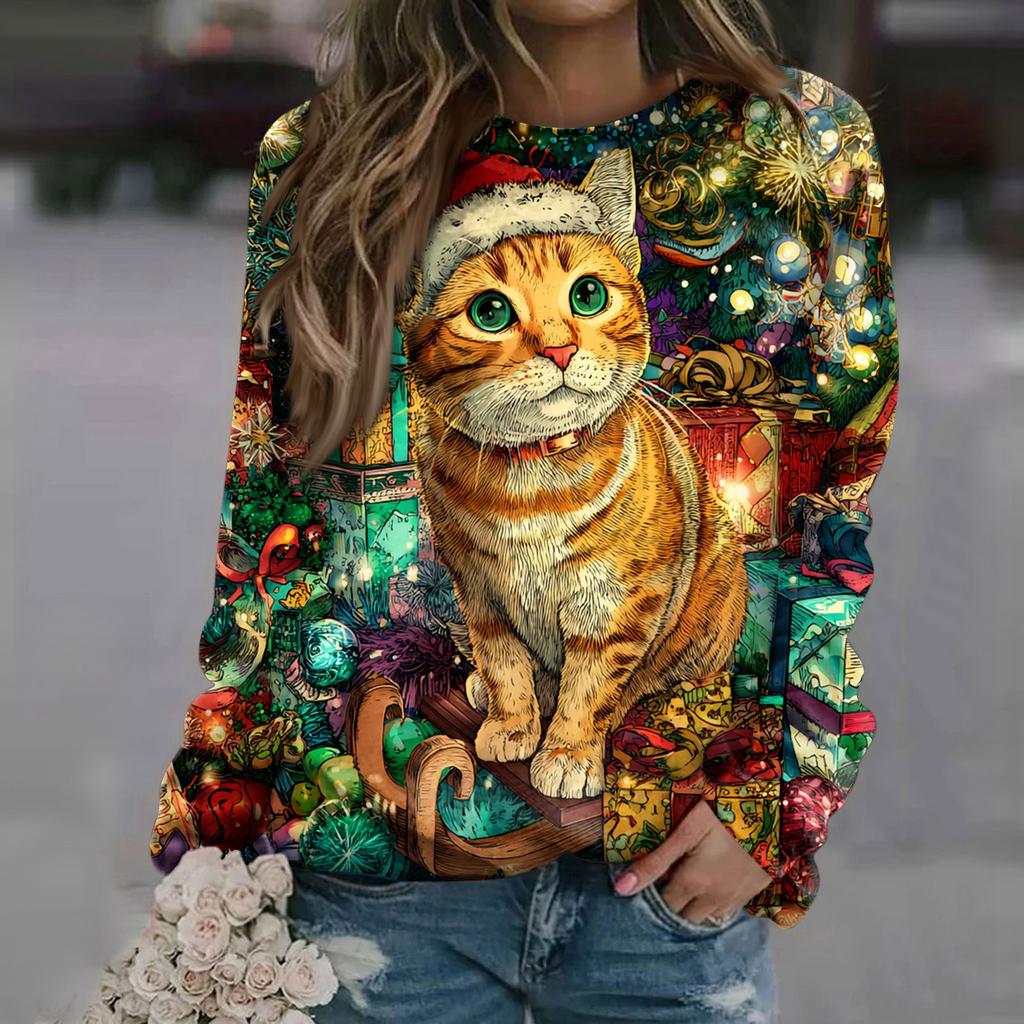 Women's Fashion Casual Long Sleeve Christmas Printed Neck Sweatshirt Top
